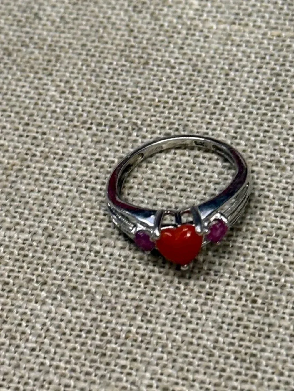 Sterling Silver Mediterranean Coral Heart & Ruby Ring SZ 5